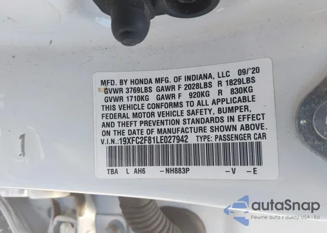 2020 Honda Civic Sport из США, поврежденный, VIN 19XFC2F81LE027942